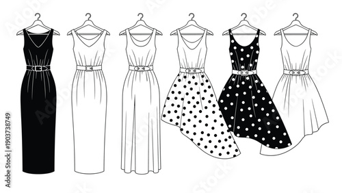 Collection of various women's dresses on hangers featuring different styles like maxi, midi, and polka dot patterns.