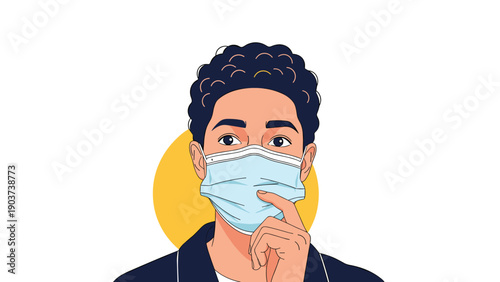 Young man with dark curly hair wearing a light blue medical surgical face mask against a yellow circle background.