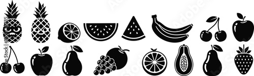 Fruit silhouette icon set in black featuring pineapple, banana, apple, cherry, grape, orange, pear, watermelon and tropical fruits for food, menu and design use