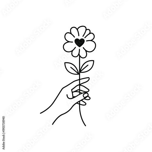 A delicate hand holding a flower with a heart-shaped center in a simple line drawing.