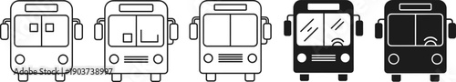 Public Transport Bus Vector Icon Set with Front View Vehicle Outlines and Solid Silhouettes for City Transit, Commuter Apps, and Travel Navigation Maps