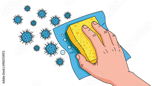 Hygiene concept shows a human hand using a sponge and soap bubbles to wipe away microscopic blue virus particles from a clean surface.