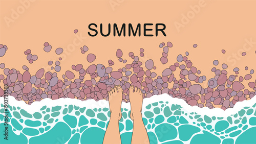 Relaxing summer scene shows a pair of feet standing at the edge of the turquoise sea on a pebbly beach with the word summer in the sky.