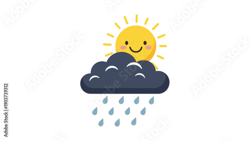 Cute weather icon features a friendly smiling yellow sun peeking out from behind a dark blue rain cloud with falling blue raindrops.