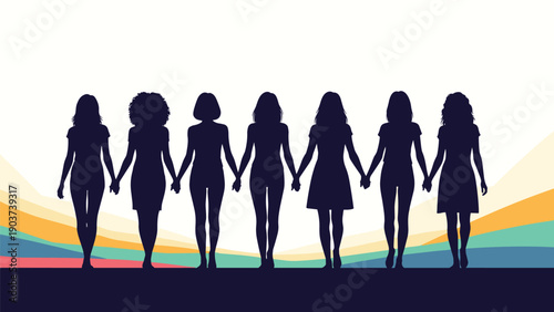 Silhouettes of several diverse women hold hands together while standing on a horizon line with a colorful abstract wave background.