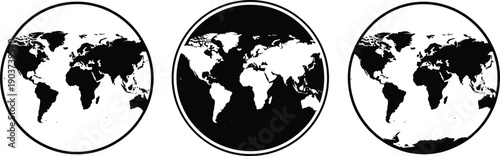 World map globe icon set in black and white circular design showing global continents, earth geography, international travel, navigation, global business and cartography concept