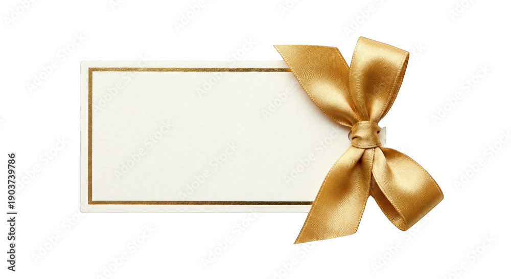 Fototapeta premium Blank Gift Tag With Gold Ribbon Bow isolated on transparent background