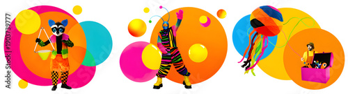 A colorful illustration of people dancing and having fun in a vibrant party scene with balloons and circles