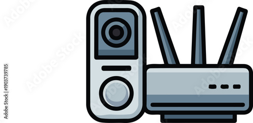 Modern 2D Flat Design Illustration of a Video Doorbell and Wireless Router