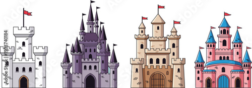 Set of Medieval and Fairytale Castle Vector Icons with Royal Palaces, Fortresses, and Fantasy Kingdom Buildings for Gaming, Storybook Illustrations, and Historical Education Graphics