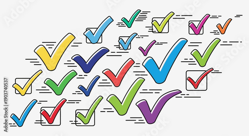 A vibrant collection of colorful checkmarks symbolizing completion success approval and