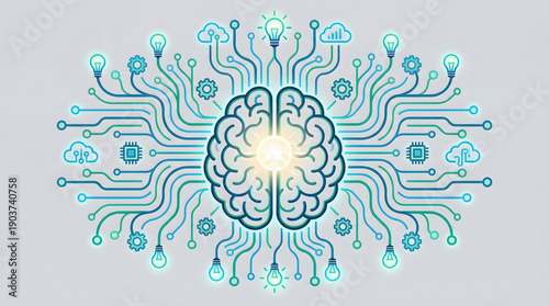 Bright glowing brain representing artificial intelligence and advanced technology connected to light bulbs clouds and microchips on a light background