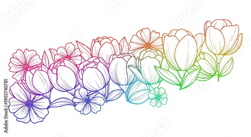 Vibrant floral line art illustration with a beautiful rainbow gradient outline on a clean white