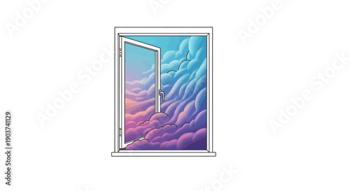 An open window revealing a vibrant dreamlike sky filled with colorful pink and blue clouds