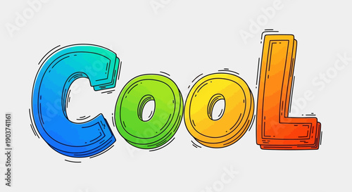 Vibrant hand-drawn word 'COOL' in a lively cartoon style with gradient colors and outline shading