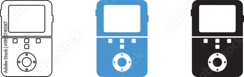 Three portable media players in white blue and black colors side by side on white background