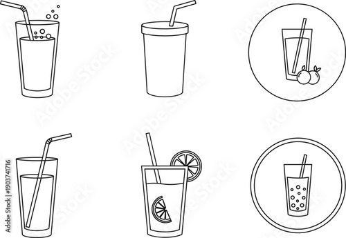 Cold Beverage and Fruit Juice Vector Icon Set Featuring Glasses with Straws, Citrus Garnishes, and Bubbling Drinks for Juice Bar Menus, Summer Party Graphics, and Healthy Lifestyle Branding
