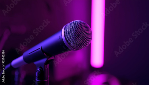 A close-up view of a microphone in a dark room with purple lighting