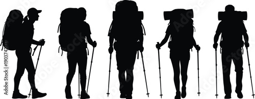 Set of 5 hiking silhouette icons showing backpackers with trekking poles, rolled mats, hats, and varied outdoor adventure postures