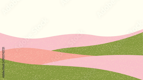 Abstract pink spring landscape. Rural field texture. Flower plantations. Hills in forest. Panoramic eco agro collage. Nature vector illustration. Horizontal landscape background. Colorful poster.