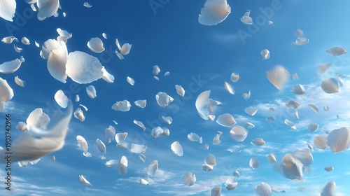Petal Serenity: A delicate dance of ethereal white petals floats gently against a vibrant blue sky, creating a scene of pure serenity and beauty.