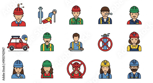 Vibrant collection of worker avatars, industry tools, and safety symbols, perfect for illustrating professional roles and diverse workplace scenarios