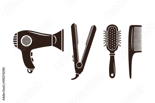 Hair salon or barber shop icons set hairdryer, straightener, round brush, and comb vector illustration.