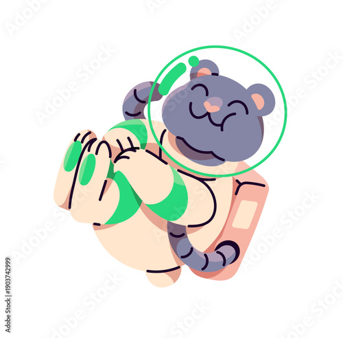 Cute animal in spacesuit is flying in outer space. Funny cat spaceman is spacewalking. Happy kitty astronaut smiling travels in cosmos, galaxy. Flat isolated vector illustration on white background