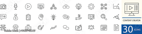 Flat line vector content creator icon set showing digital content production, social media, and creative media concepts in clean minimal style. Perfect for marketing, social media, and digital creator
