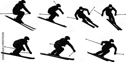 Set of 6 skier silhouette icons showing dynamic alpine skiing poses with helmets, ski poles, angled skis, and downhill motion