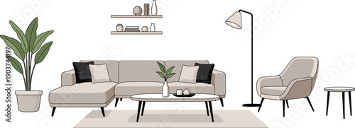 Modern minimalist living room interior with cozy sofa armchair coffee table floor lamp and indoor plant vector illustration