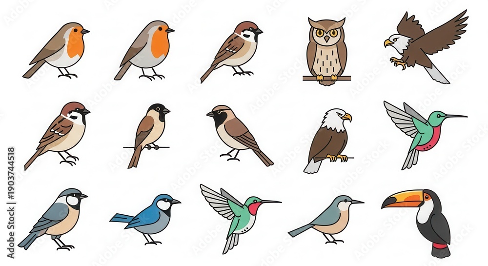 Naklejka premium Collection of various colorful bird species depicted in a simplified cartoon style against a white background