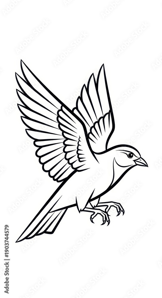 Obraz premium Stylized outline drawing depicts a small feathered creature in mid flight with wings spread wide