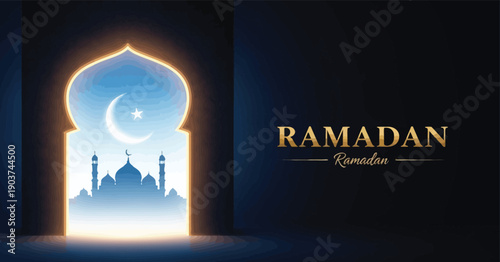 Ramadan mubarak greeting with mosque silhouette and crescent moon