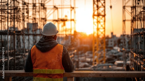 Construction worker observing construction site