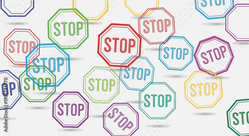 Dynamic abstract pattern of colorful stop signs scattered across a white background