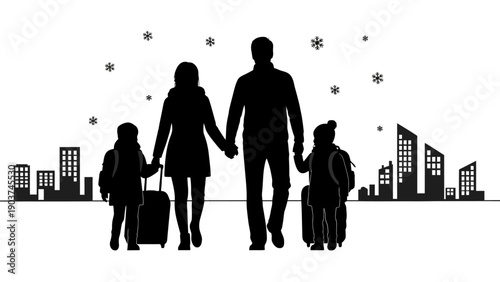 Family Silhouette with Luggage Walking Together.