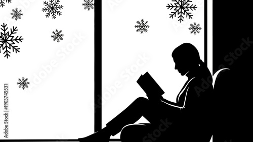 Woman Reading Book Silhouette Snowy Window.