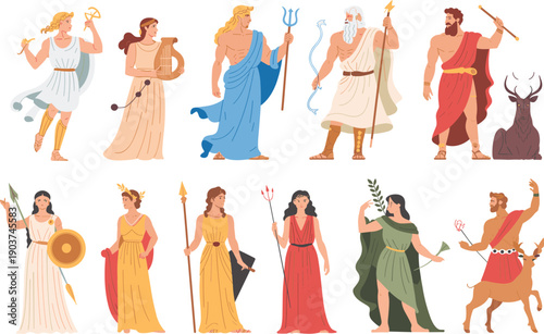 Ancient Greek gods and goddesses mythology character set with divine symbols heroes and deities flat vector illustration