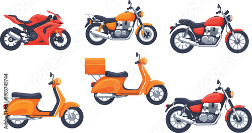 Colorful motorcycle and scooter vector set featuring sport bikes, classic motorbikes, and delivery scooters, flat illustration style for transport design, apps, posters, and branding projects