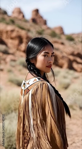 Young Native American woman wearing traditional regalia, highlighting cultural heritage, identity, and timeless elegance. Respectful cultural portrait with a focus on tradition and craftsmanship
