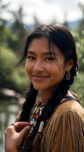 Young Native American woman wearing traditional regalia, highlighting cultural heritage, identity, and timeless elegance. Respectful cultural portrait with a focus on tradition and craftsmanship