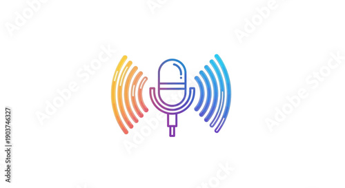 Colorful gradient line art microphone icon with sound waves representing audio broadcasting and