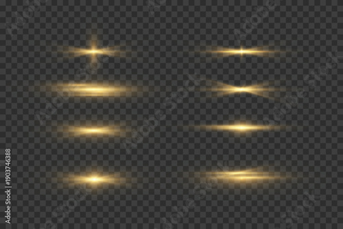 Golden horizontal light glow set on transparent background for highlight and reflection overlays