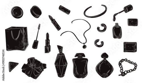 Set of cosmetic and jewelry items in black vector silhouettes hand drawn. perfume flacons, makeup items monochrome elements. Clipart for design beauty branding, fashion, cosmetic packaging.