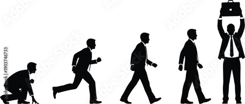 Set of 5 business silhouette icons showing career progression from crouched start to triumphant success holding briefcase overheadS 