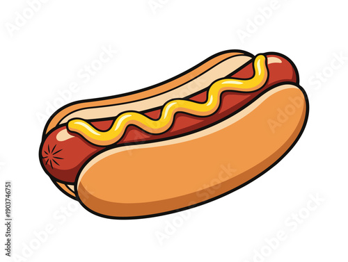 A cartoon hot dog with mustard on a bun