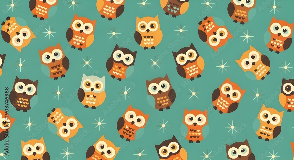 Fototapeta premium seamless pattern of owls on teal green background. Vintage pattern