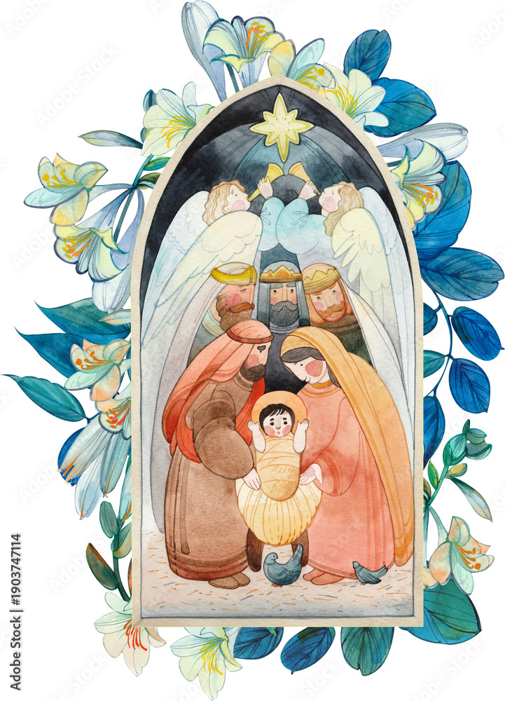 Fototapeta premium Hand-drawn watercolor Nativity scene on transparent background surrounded by lily frame. Christmas holiday illustration.