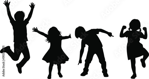 Set of 4 children silhouette icons showing playful poses including jumping, dancing, leaning, and energetic stances with expressive gestures